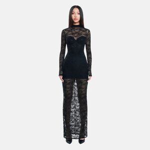 OW Collection Addison Sheer Lace Maxi Dress Black Womens Size Small